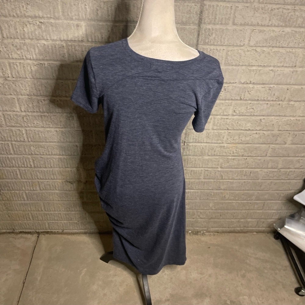 Treasure And Bond Blue Short Sleeve Crew Neck Ruched Midi Dress Size Medium - Picture 3 of 4